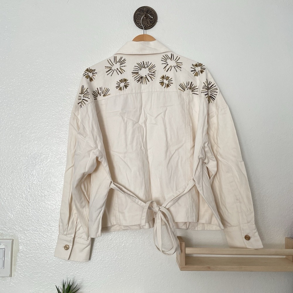 Scotch & Soda Amsterdam Trucker Cream Denim Jacket‎ Embellished Belted Large - Picture 3 of 11